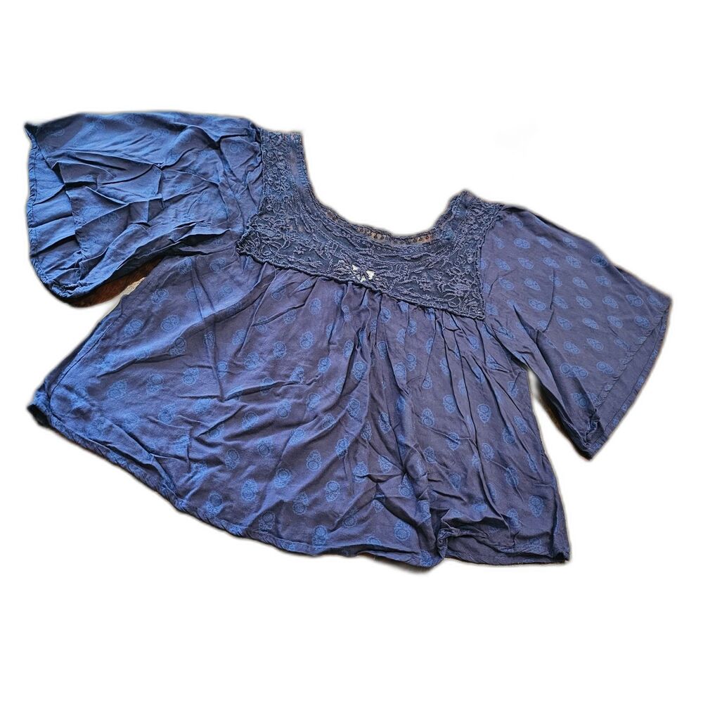 Navy Blue Boho Blouse Size M Relaxed Flowy Lagenlook